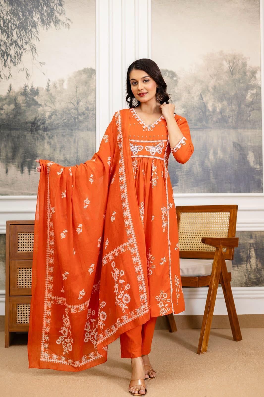 Orange Cotton Discharge Printed Suit Set with Embroidery